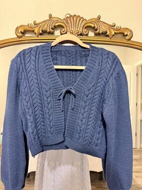Blue Cable-Knit Cropped Sweater Cardigan